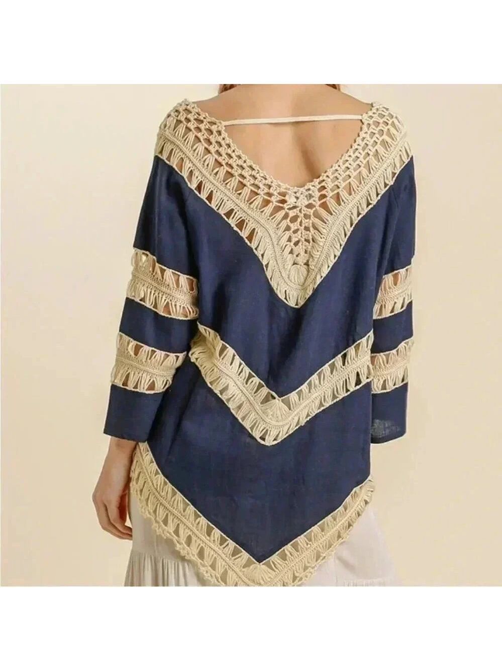 Umgee Long Sleeve Boho Crochet Sheer Top Navy Blue Size L Bohemian - Picture 6 of 14